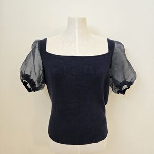 French Connection Navy Square Neck Ribbed Knit Top Sheer Puff Sleeves Size XL
